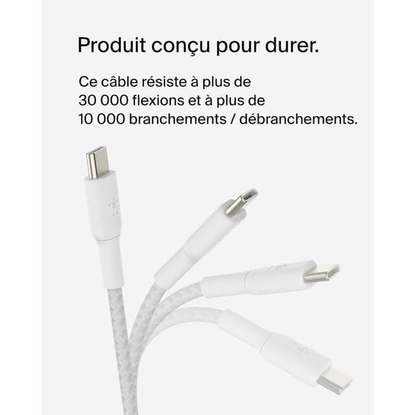 Flätad kabel - BELKIN - USB-C till USB-C - 2 m - Vit Vit