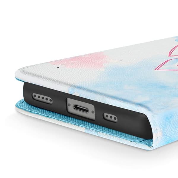 Pungetui til iPhone 17 med hjerte mønster, med støtte og håndledsrem i blå / rosa Blå/rosa