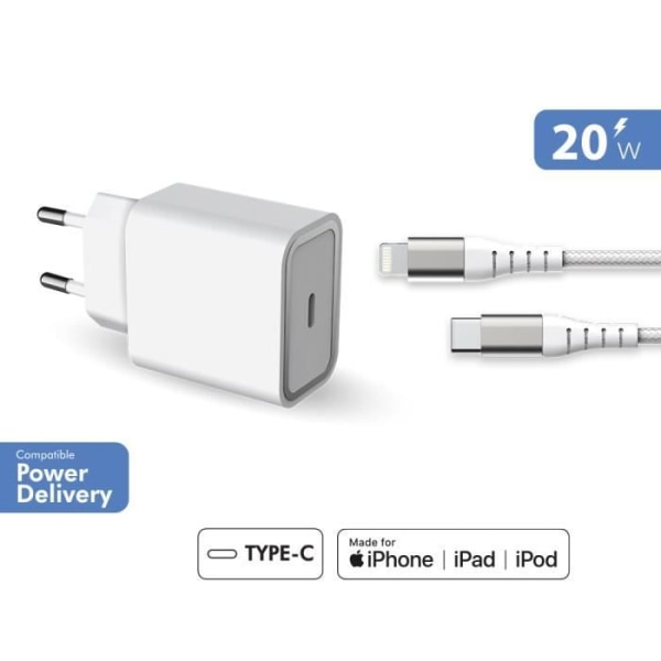 Hemladdare 20W Strömförsörjning + Förstärkt USB C/Lightning-kabel Livstidsgaranti Vit 100 % återvunnen plast Force Power Lite Vit