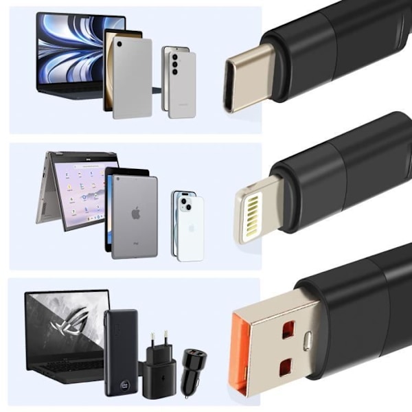 USB til Lightning + 2 USB-C kabel - LINQ - 60W hurtig opladning - Længde 1,2m - Sort Svart