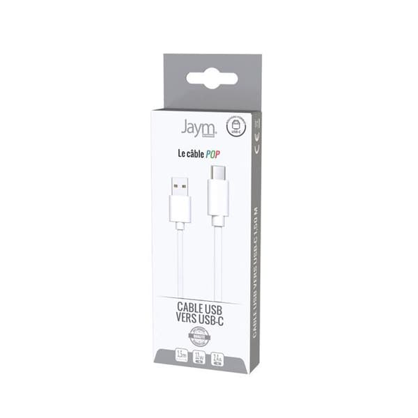USB-C til USB-A kabel - JAYM - 1,5m - 3A - Hurtig opladning - Hurtig synkronisering Vit