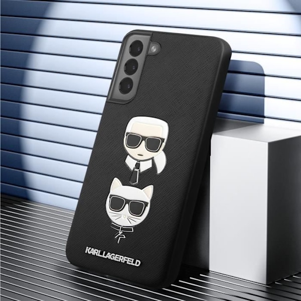 Fodral till Samsung S22 Plus - KARL LAGERFELD - Saffiano läderfinish - Karl Lagerfeld och Choupette motiv Svart