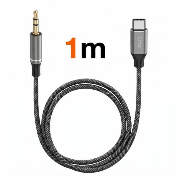 USB-C - 3.5mm Jack - Audiojohto Autoradiolle / Kaiuttimelle, 1m, LinQ Musta