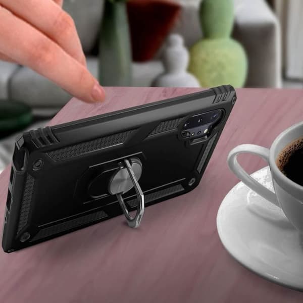 Coque - ADVARSEL - Galaxy Note 10 Plus - Bi-materialer - Stiv og Blød - Video Støtte Ring Svart