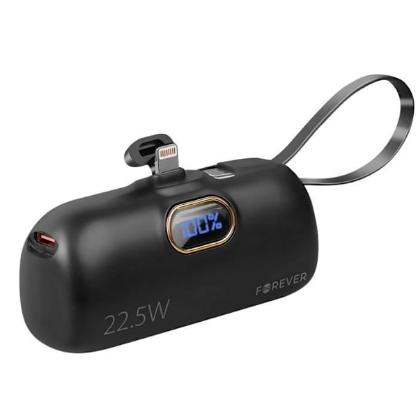 Ekstern bank 5000mAh Lightning-stik + integreret USB C-kabel Forever Sort Svart