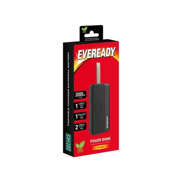 Ekstern batteri - EVEREADY - PX30B - 30000 mAh - Lithium-polymer - 2 USB-A udgange sort