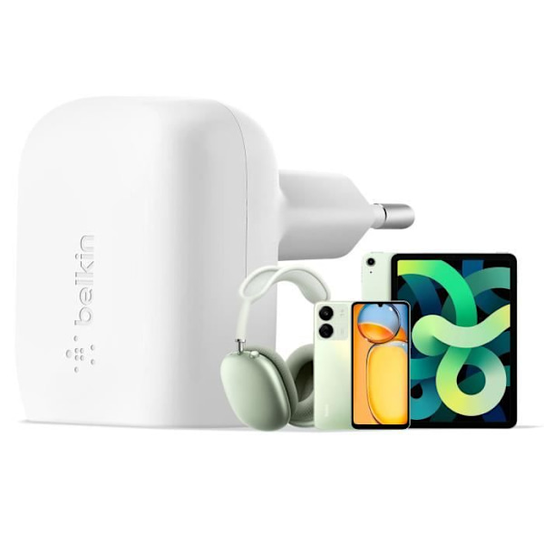 USB C-sektorladdare 20W Power Delivery PPS Platt och kompakt format Belkin White Vit