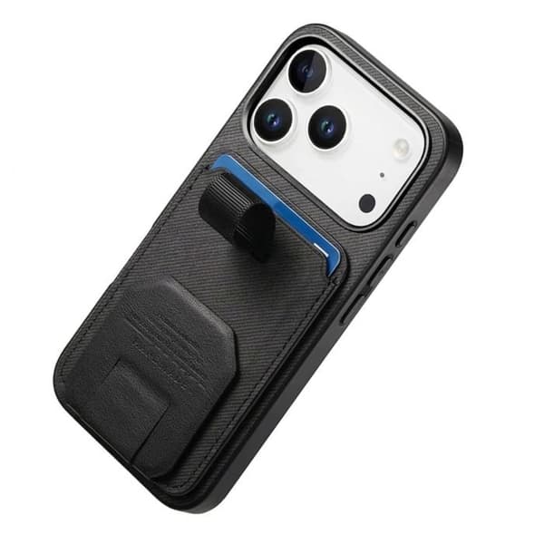iPhone 17 Pro Max Cover med Stofeffekt, Støtte og Kortholder i Sort Svart