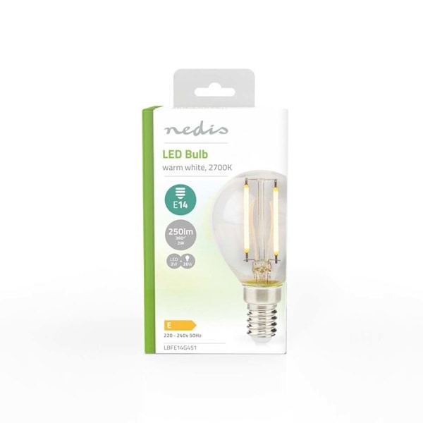 Ampull LED E14 Retro Stil Filament G45 Energibesparande 2W Nedis Transparent Vit