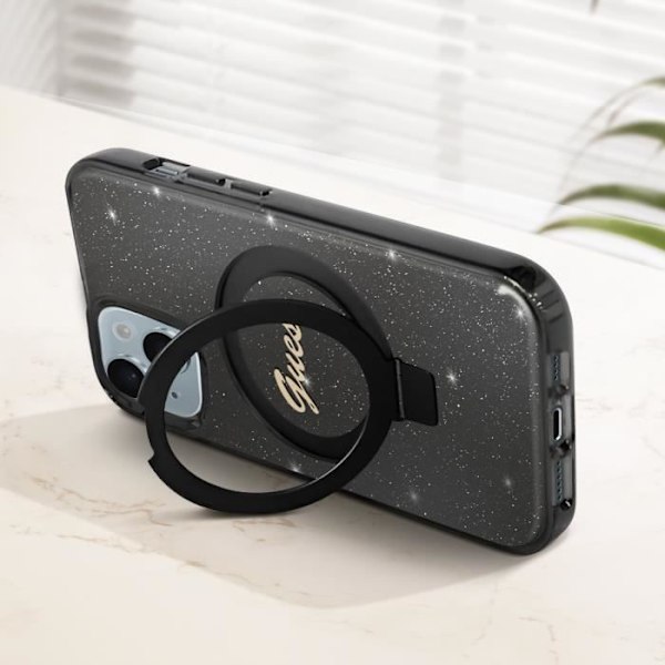 Coque MagSafe för iPhone 15 Glittrande i silikon med upphöjda kanter Guess svart Svart