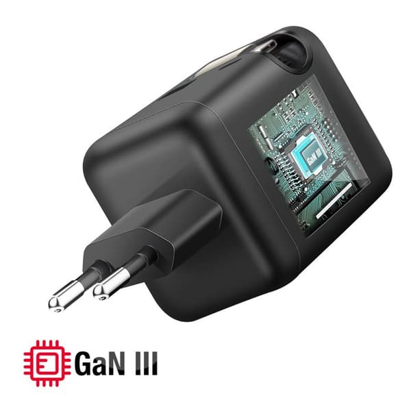 Lader - FORCELL - 70W GaN III - USB-C og USB-A - Sammenfoldeligt Kabel - Sort Svart