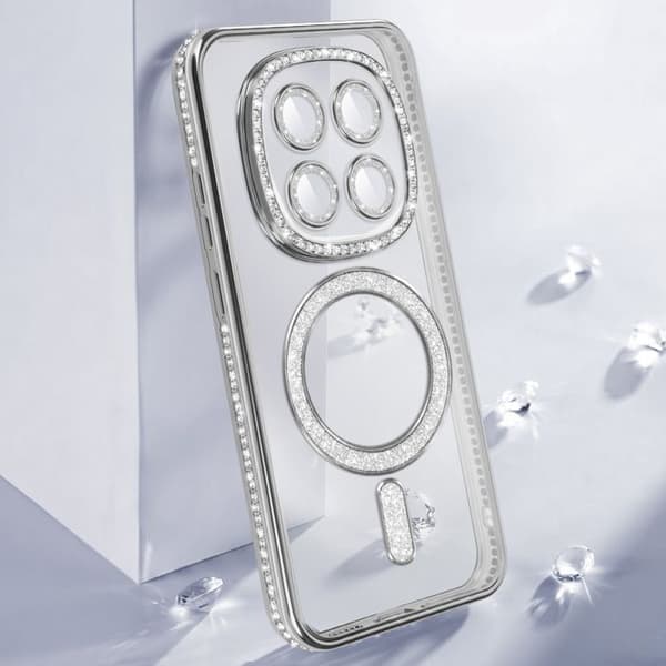 Fodral för Redmi Note 15 Kompatibel med MagSafe med Silver Strass Kant Grå