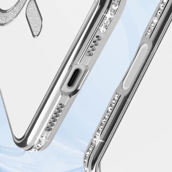 Fodral - AVIZAR - iPhone 16 - MagSafe Protection - Silver Rhinestones - Elegant design Grå