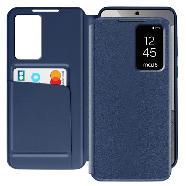 Etui i læder til Galaxy S25 og S24 med vinduesvisning og kortholder i natblå Blå
