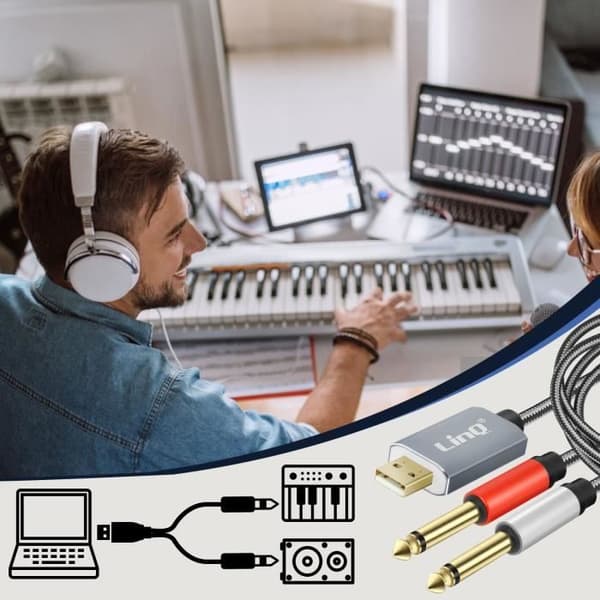 Splitterkabel USB-C till 2x jack 6,35 mm hane nylon flätad 1,5 m LinQ grå