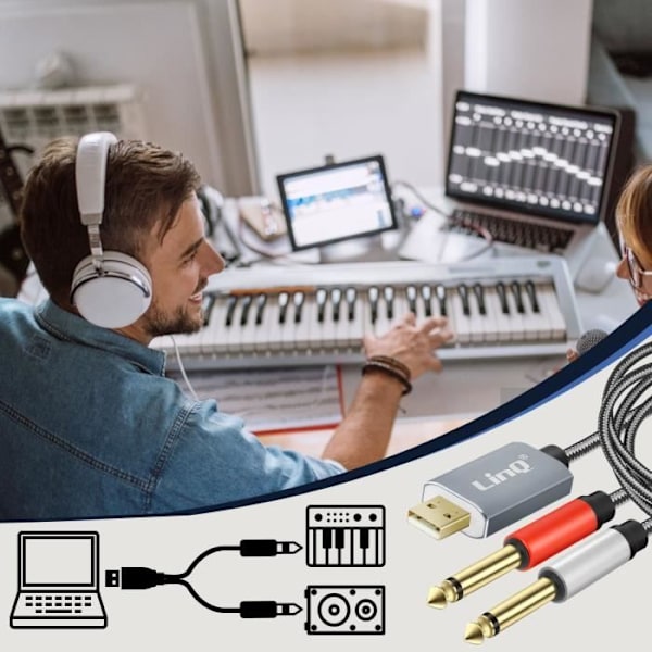 USB-C til 2x 6,35 mm hanstik splitterkabel nylonflettet 1,5 m LinQ grå