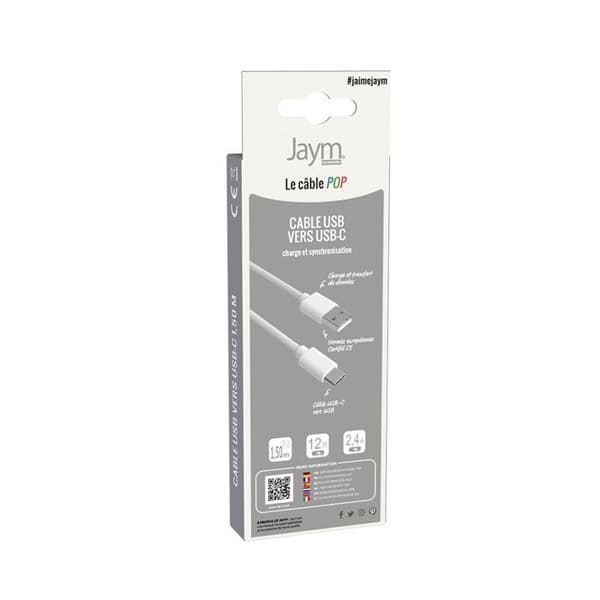 USB-C till USB-A-kabel - JAYM - 1,5m - 3A - Snabbladdning - Snabb synkronisering Vit