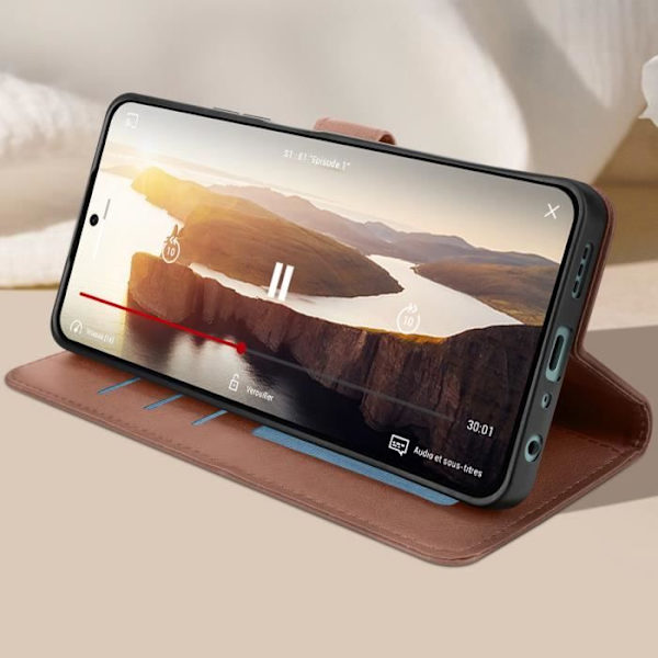 Fodral till Oppo A58 - AVIZAR - Handledsrem Flip Wallet Support - Brun - Halvstyv - Syntet - Vuxen kastanj