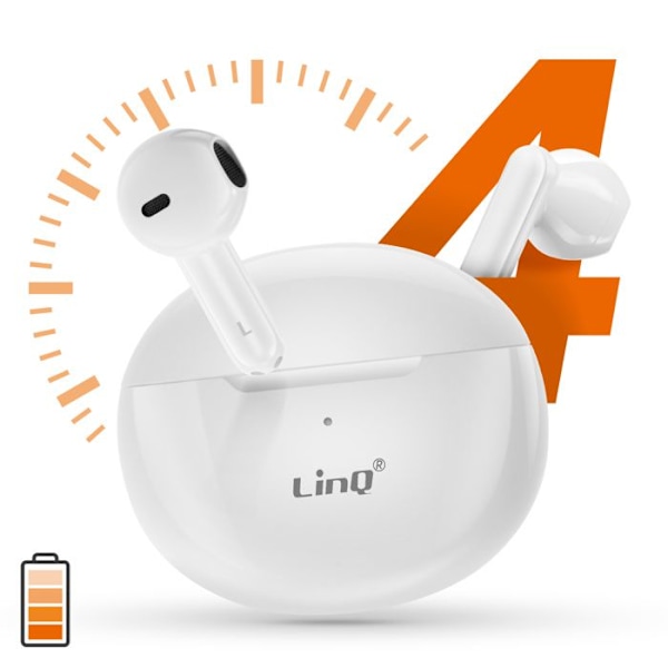 Trådlösa hörlurar med mikrofon, touchkontroll, 200mAh laddningsfodral, LinQ Vit