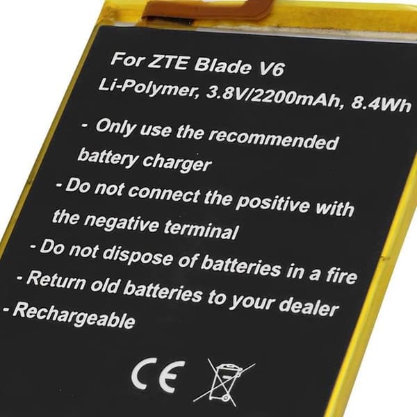 Batteri - AVIZAR - ZTE Blade V6 - 2200mAh - 3.8V - Li-Polymer - Sort Svart