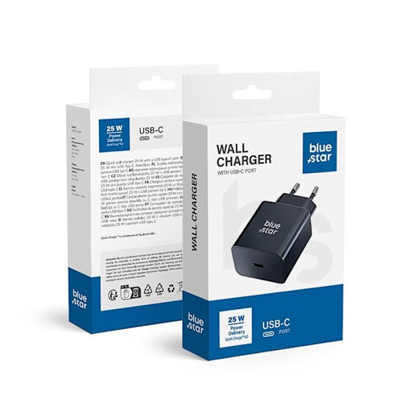 USB-C Vægoplader 25W Power Delivery og Quick Charge Kompakt Blå Stjerne Sort Svart
