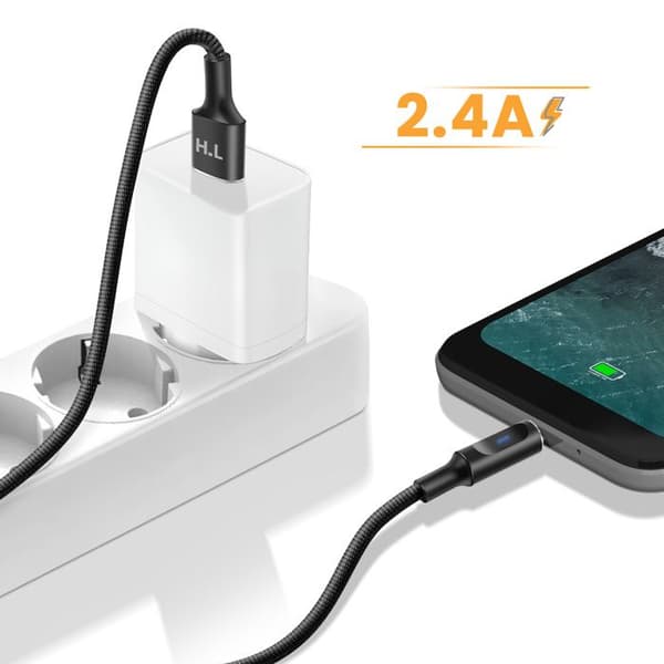 USB-A - Micro-USB -kaapeli LED-valolla ja vakaa 2,4A lataus, nailonpunottu, 1,5m, musta