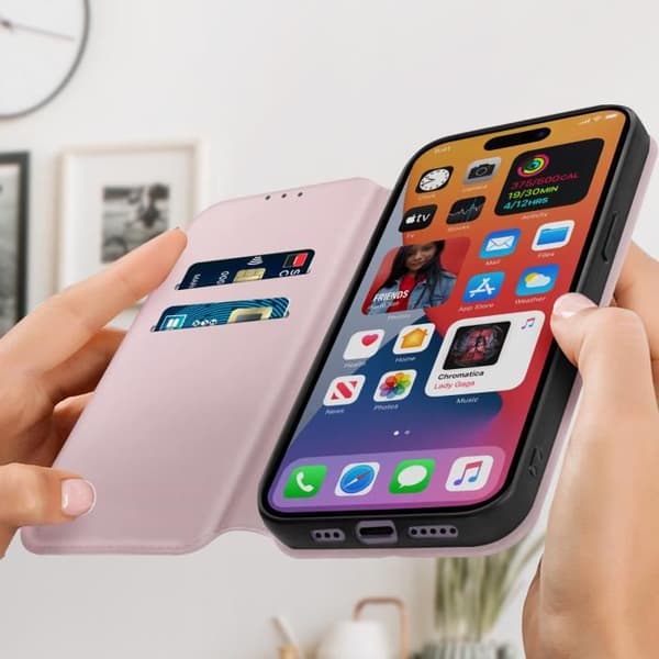 AVIZAR Folio Cover til iPhone 14 Pro Max - Pink - Flip Card Holder - Video Support champagne rosa