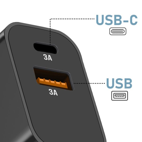 USB-C + USB 15W Hurtiglader Kompakt Akashi Sort Svart