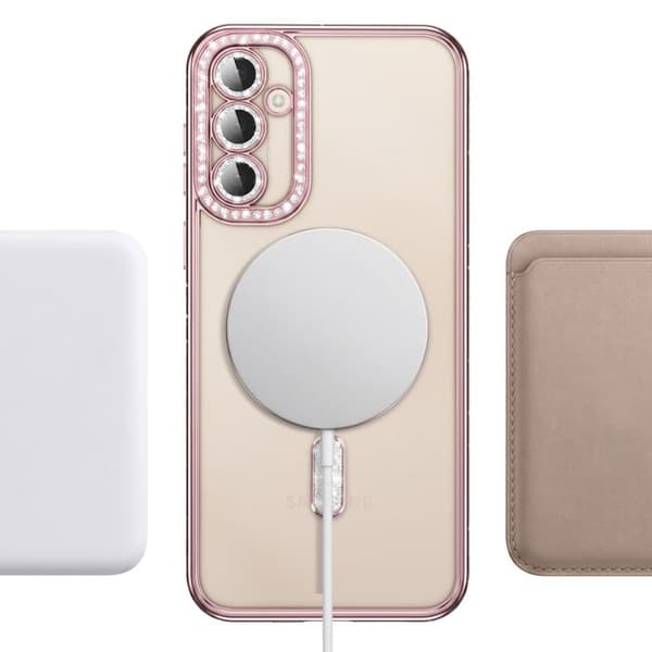 Diamantfodral för Galaxy S26 med magnetring och rosa strasskant Ros