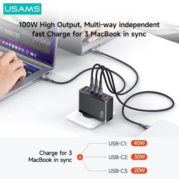 Laturi - USAMS - T50 - 100W - 3xUSB-C + USB - Nopea lataus sort