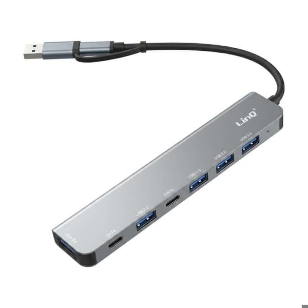 USB-C / USB-A 7-i-1 5Gbps hub til 2 USB-C, USB-A 3.0 og 4 USB-A 2.0 LinQ Grå