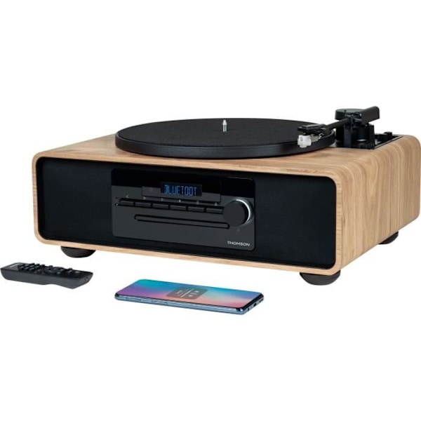 Bluetooth mikrosystem med pladespiller - THOMSON - Sort/Træ - FM/CD/MP3/USB radio, 60W, Pladeafspiller, Equalizer, Strømforsyning. 230V trä och svart
