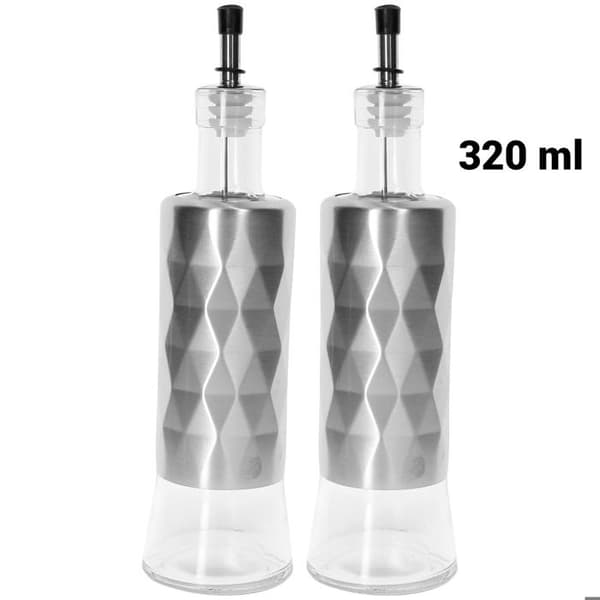 Rustfrit Stål Flasker - CHEFFINGER - 2x320ml - Glas og Børstet Rustfrit Stål - Metalholder - Drypfri Grå