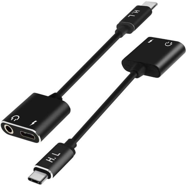 Lyd- og opladeradapter - HL-095 - USB Type C til Jack 3.5mm - Sort - Samtidig opladning og lyd