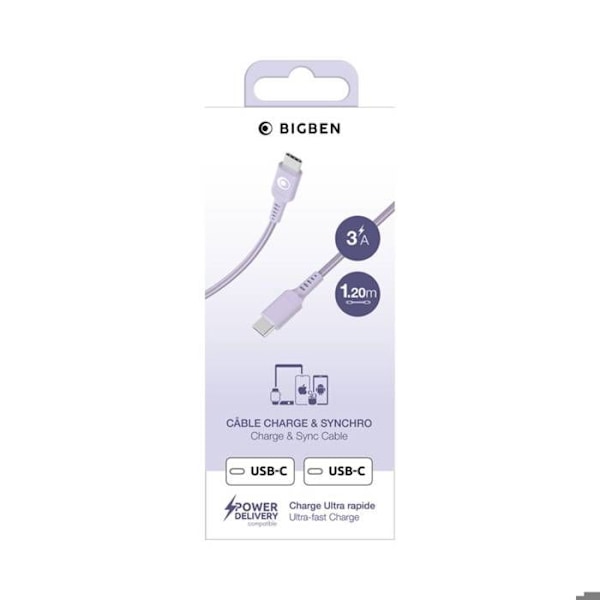 USB-C Opladerkabel - BigBen - 1,2m - 3A - Power Delivery 60W - Lilla