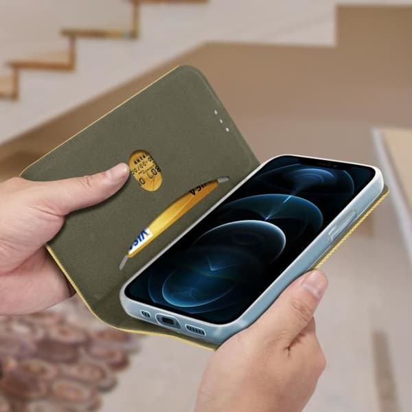 Cover - AVIZAR - iPhone 12 Pro Max - Soft-touch - Kortopbevaring - Videostativ Gul