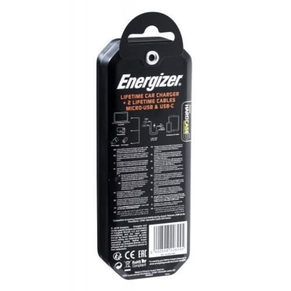 Biloplader - ENERGIZER - 1A - 2 USB-porte - Micro-USB og USB-C kabler inkluderet - Sort Sort