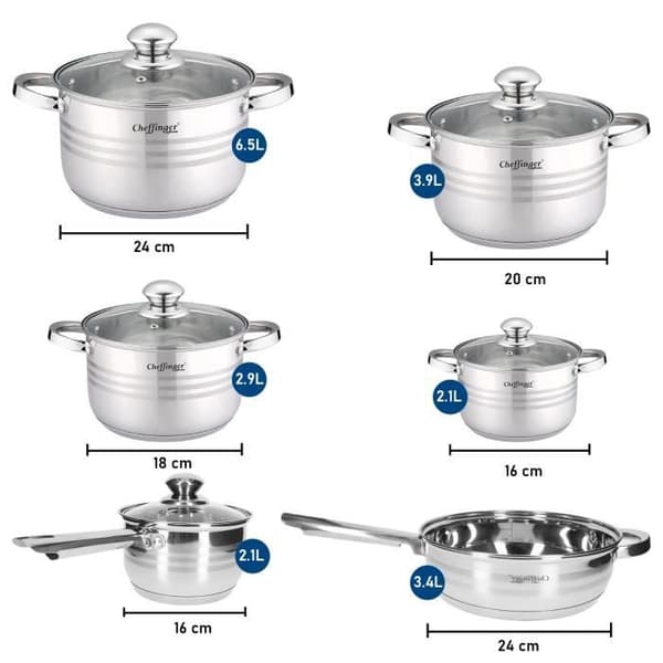 Køkken Sæt - CHEFFINGER - CF-SS1231 - 4 Gryder - 1 Stegepande - Rustfrit Stål Grå