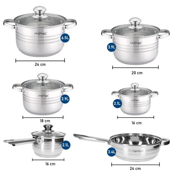 Køkkensæt 4 gryder/1 sauterpande/1 gryde og 2 grydestøtter Cheffinger Silver Grå