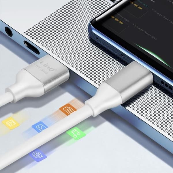 USB-USB C -kaapeli Pikalataus 3A Synkronointi Pituus 1,5 m LinQ Silver Grå