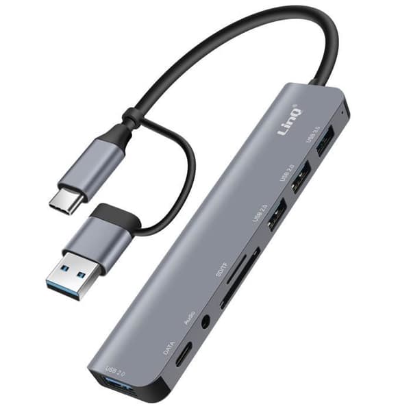 USB Hub - LinQ - OTG 8 i 1 - 5 Gbps - SD/TF Læser - Audio Jack 3,5mm