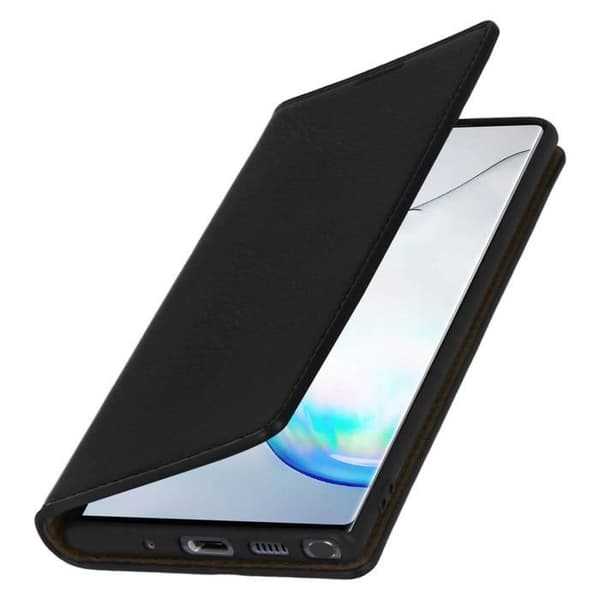 Folioetui - AVIZAR - Galaxy Note 10 Plus - Ægte Læder - Video Støtte - Sort Svart