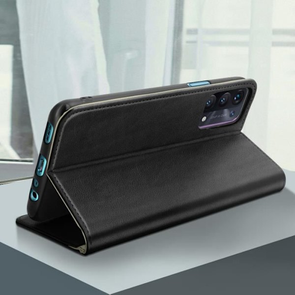 Portföljfodral - Oppo - A74 5G/A54 5G - Syntetläder Svart - Videostöd - Kortfack Svart