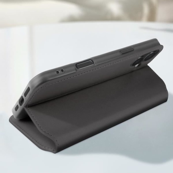 Etui til iPhone 16 Plus med klap, kortholder og video stander i sort Svart