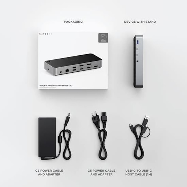 Dockningsstation - Satechi - Triple Display 4K - USB-A och USB-C - 100W strömförsörjning - Grå Grå