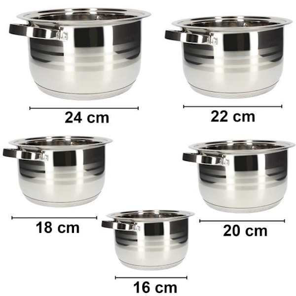 Marmiter - Cheffinger - 16/18/20/22/24 cm - Rostfritt stål - Glaslock - Alla hällar kompatibla Grå