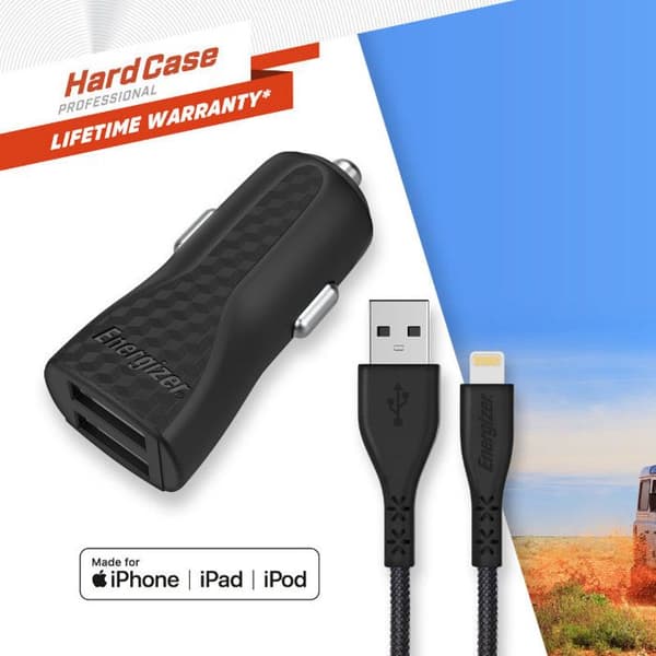Lader til bil - ENERGIZER - DC2CLLIM - 3.4A - 2 USB-porte - Inkluderet Lightning-kabel Sort