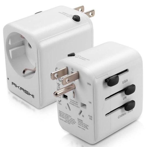 Akashi Matkailuliitin US/UK/AUS/CN EU:lle ja 2 USB-porttia - Valkoinen