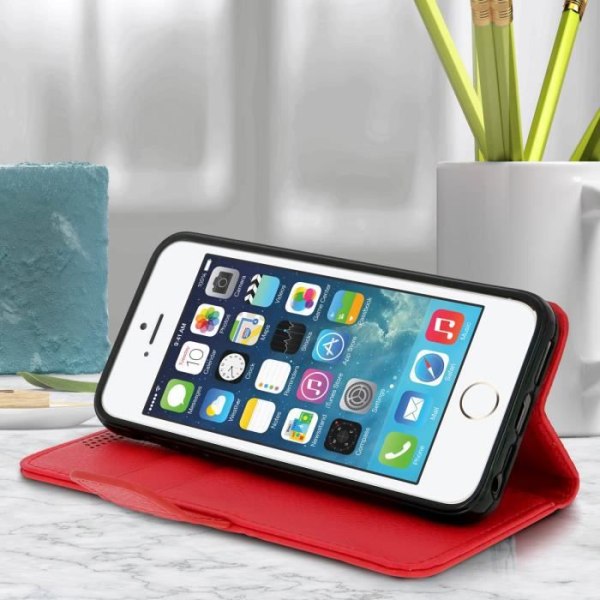 iPhone 5/5S/SE etui - Klapetaske - Øko-læder Rød - Kortholder - Ståfunktion Röd