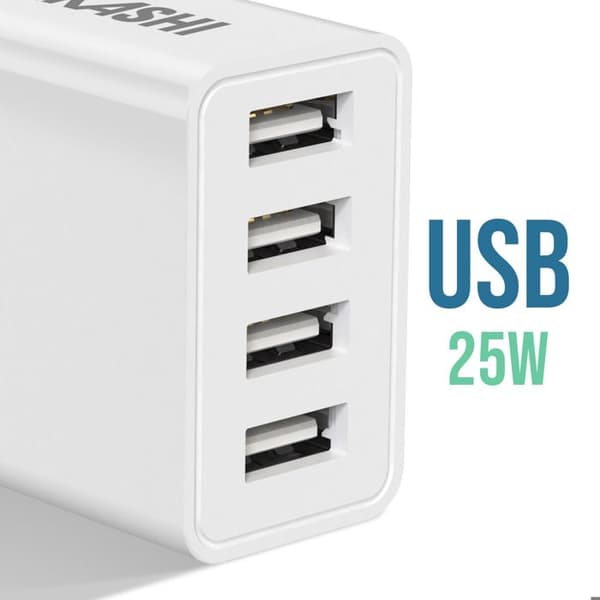 Nätadapter - Akashi - 25W - 4 USB-portar - Snabbladdning - Kompakt design Vit